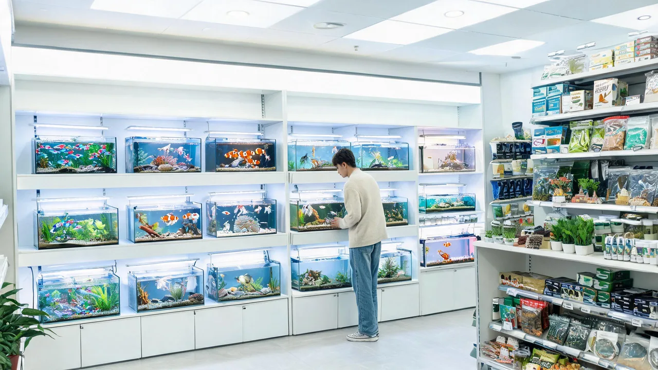 Acrylic fish tanks in pet store retail display