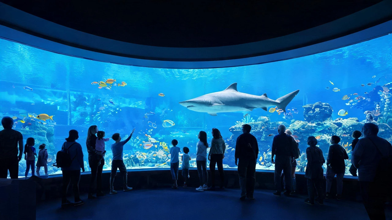 Large curved acrylic window at public aquarium exhibit