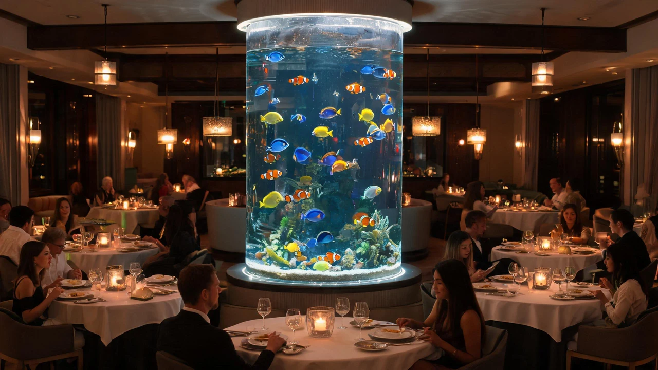 Cylindrical acrylic aquarium in restaurant dining room