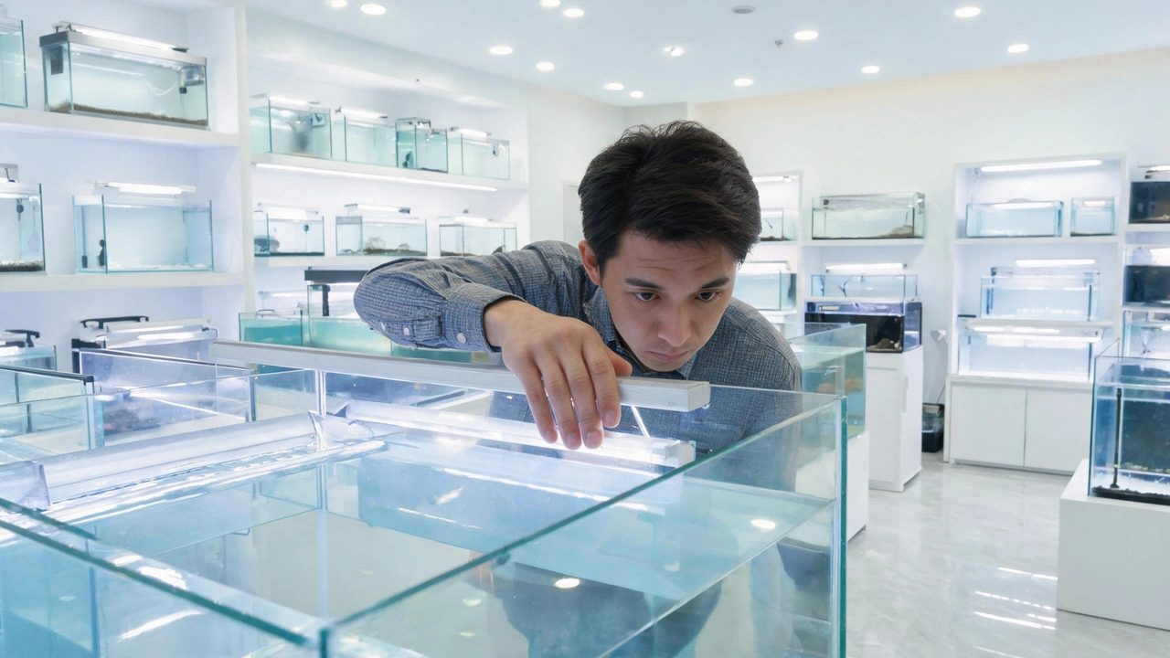 Person selecting acrylic aquarium in showroom