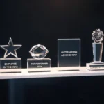Acrylic awards and trophies on display shelf