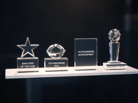 Acrylic awards and trophies on display shelf