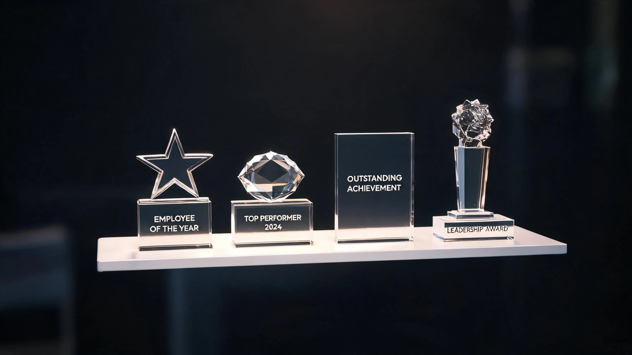 Acrylic awards and trophies on display shelf