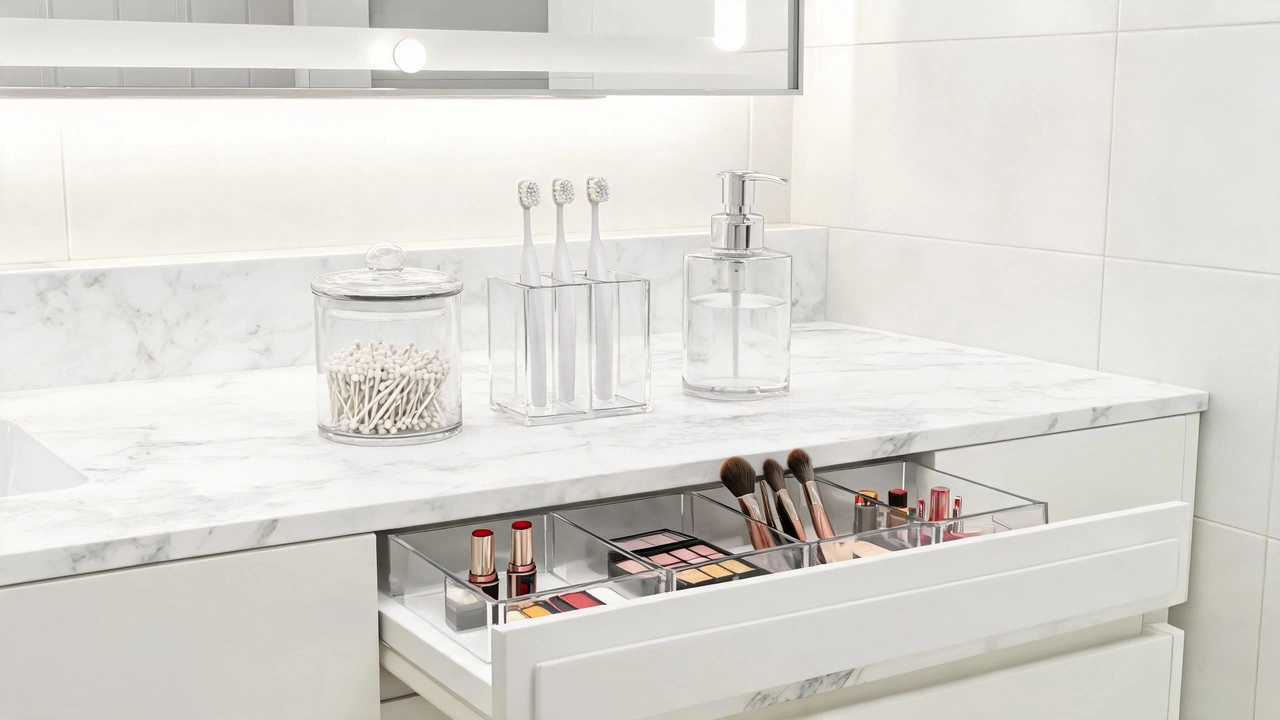 Bathroom vanity with acrylic organizers