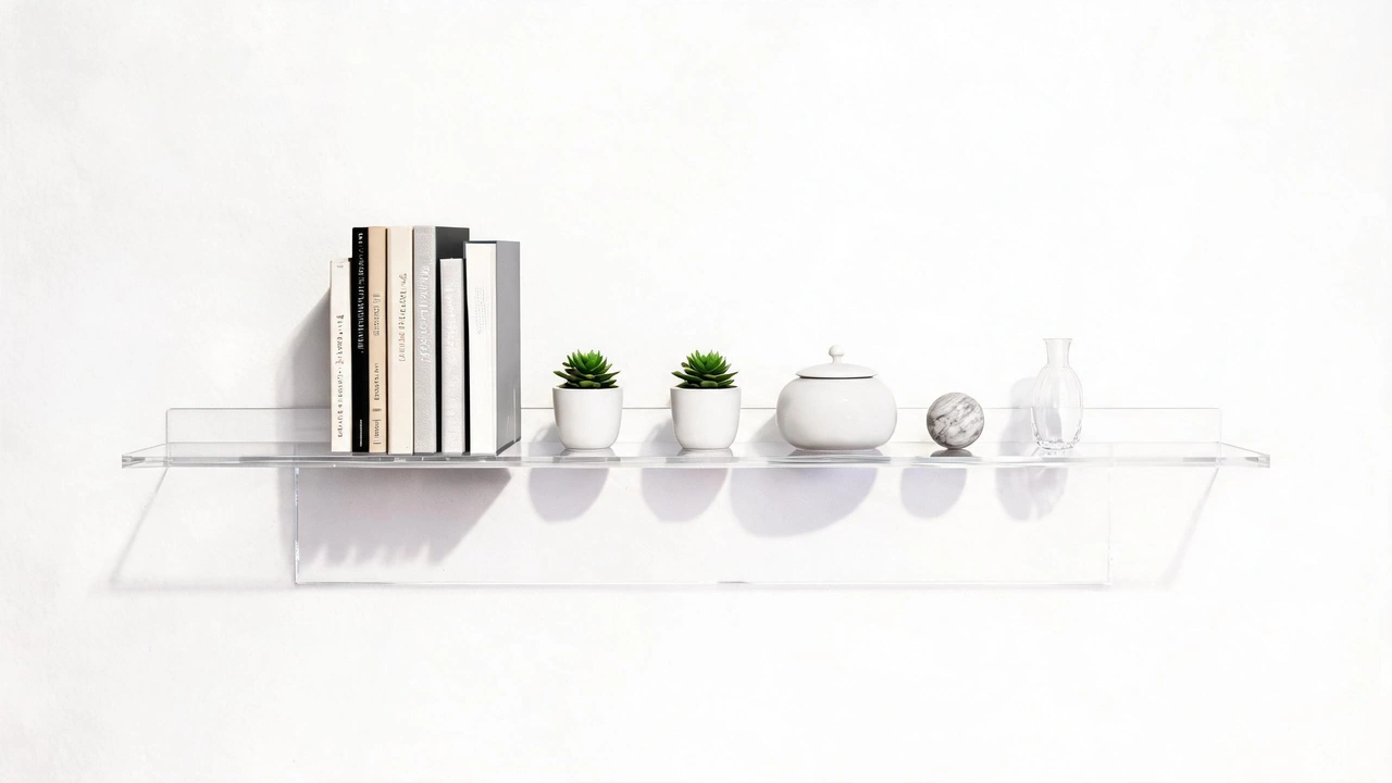 Clear acrylic floating shelves on wall with books and plants