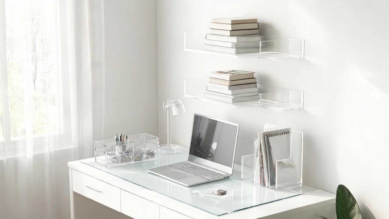 Home office with acrylic desk accessories and floating shelves
