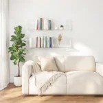 Modern living room with acrylic floating shelves and furniture