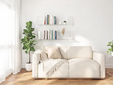 Modern living room with acrylic floating shelves and furniture
