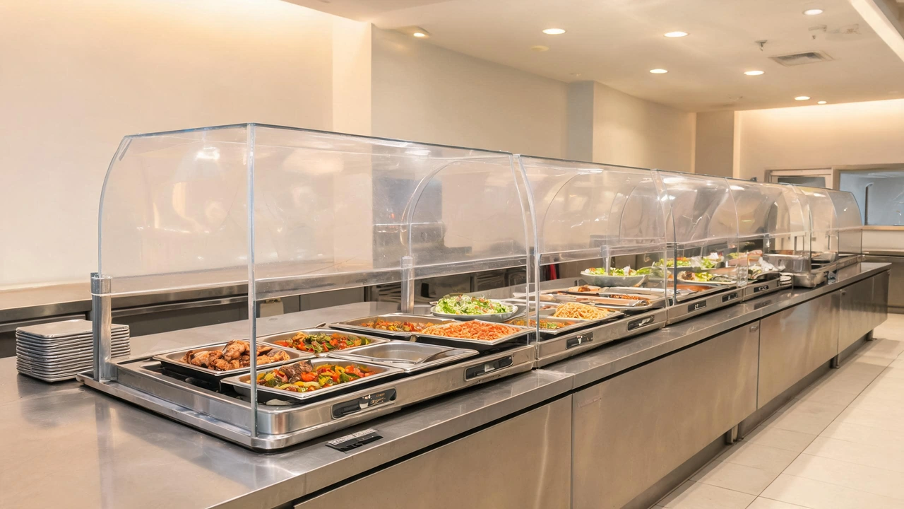 Acrylic sneeze guards over cafeteria buffet line