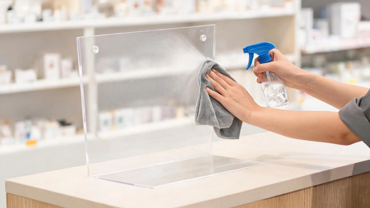 Cleaning acrylic sneeze guard with microfiber cloth