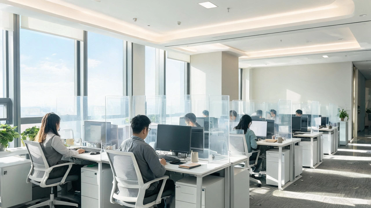 Acrylic desk dividers in open office workspace