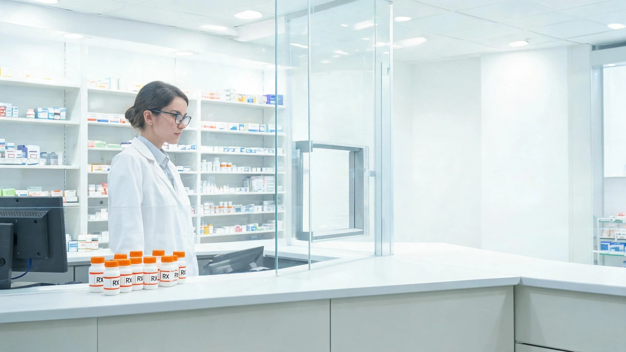 Full-height acrylic barrier at pharmacy counter