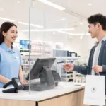 Acrylic sneeze guard at retail checkout counter