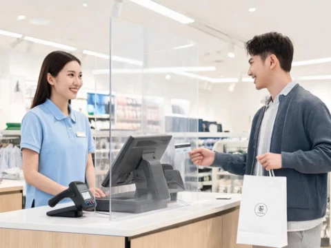 Acrylic sneeze guard at retail checkout counter
