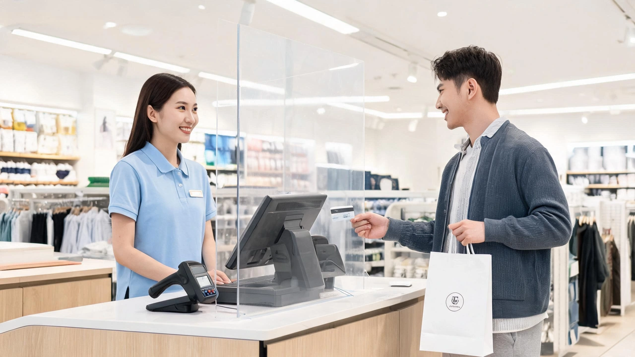 Acrylic sneeze guard at retail checkout counter