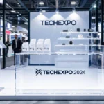 Modern trade show booth with acrylic displays