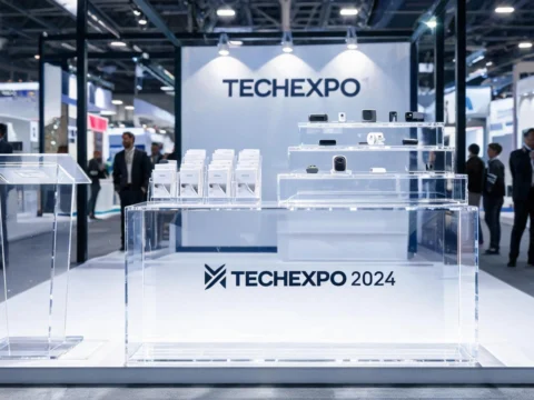 Modern trade show booth with acrylic displays