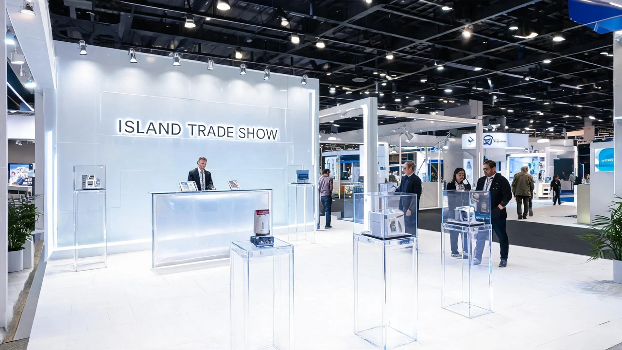 Large island trade show booth with acrylic displays